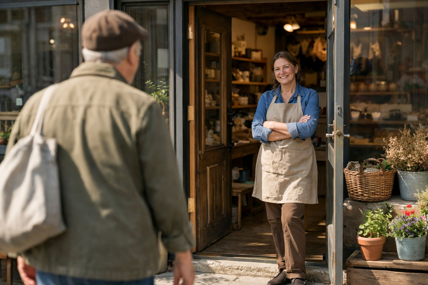 A shop owner standing in the open doorway of their independent shop on a sunny morning as a customer approaches