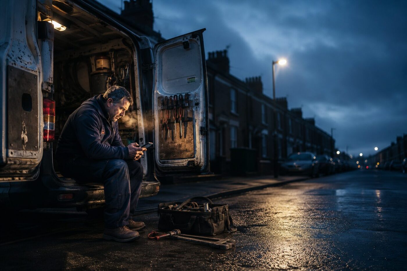 A plumber checking his phone at the open doors of his van on a wet terraced street at dusk