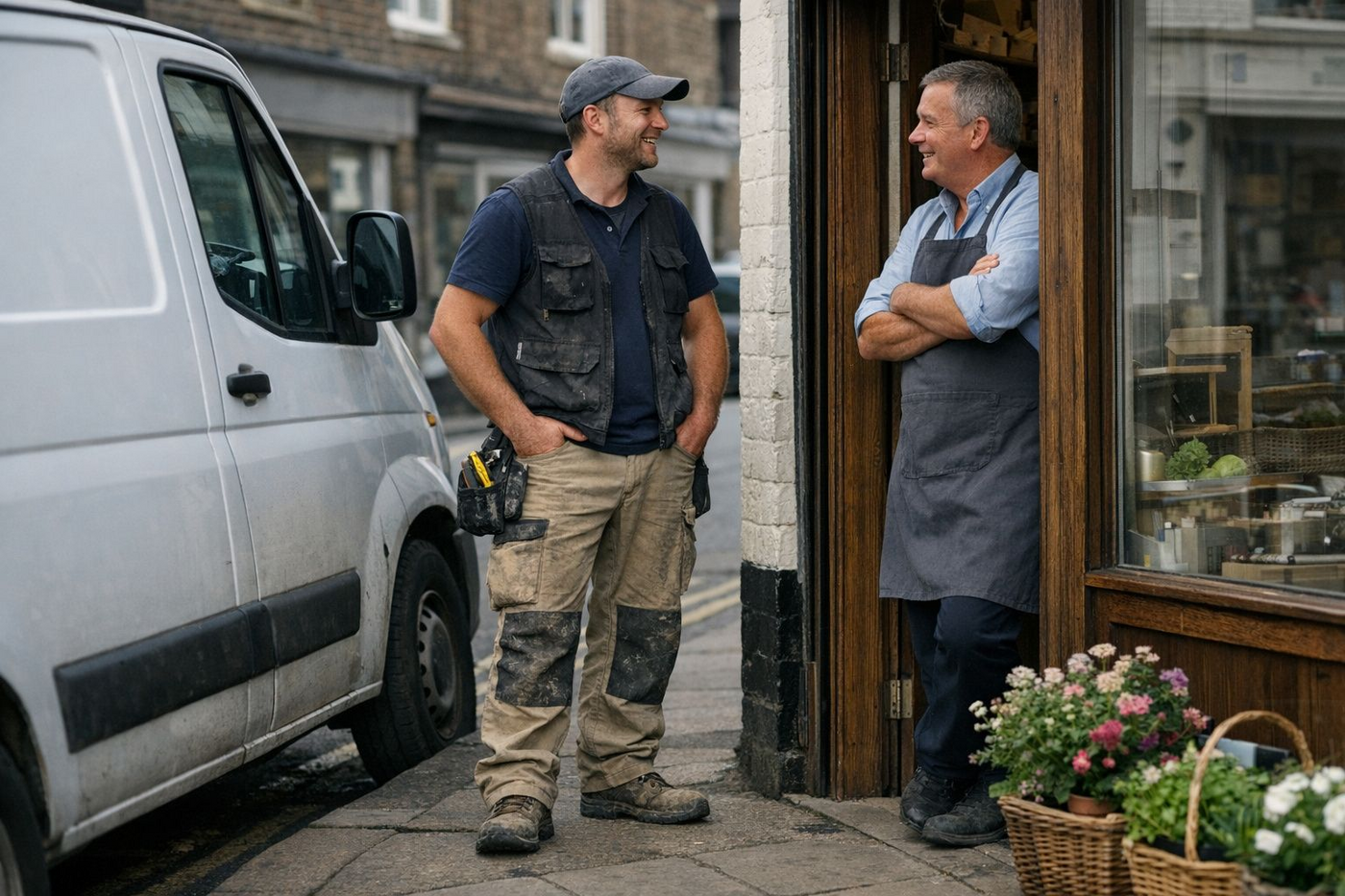 A tradesperson chatting with a shop owner outside a small UK high street shop