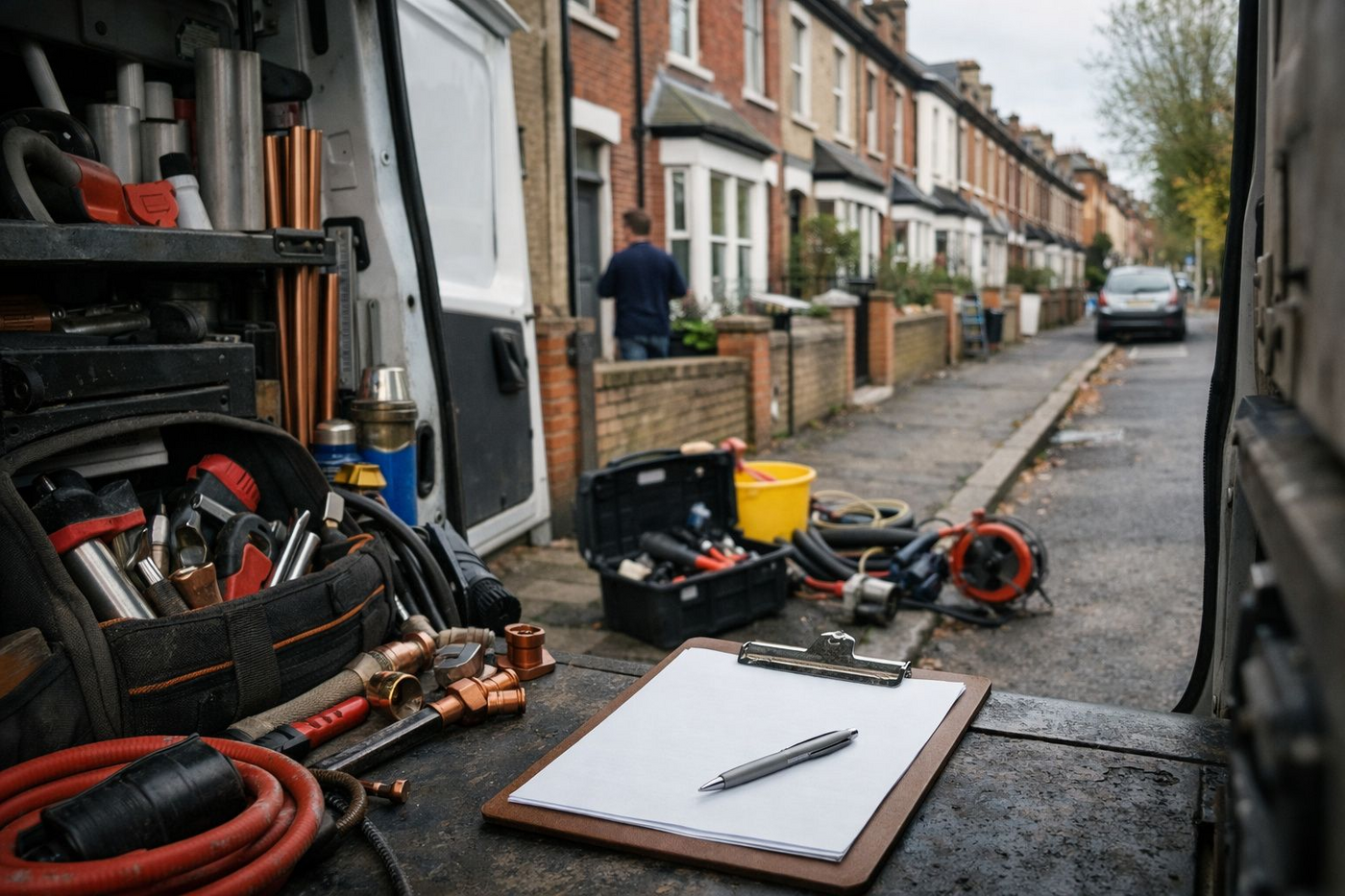 A tradesman's van parked outside a UK terraced house on a residential street