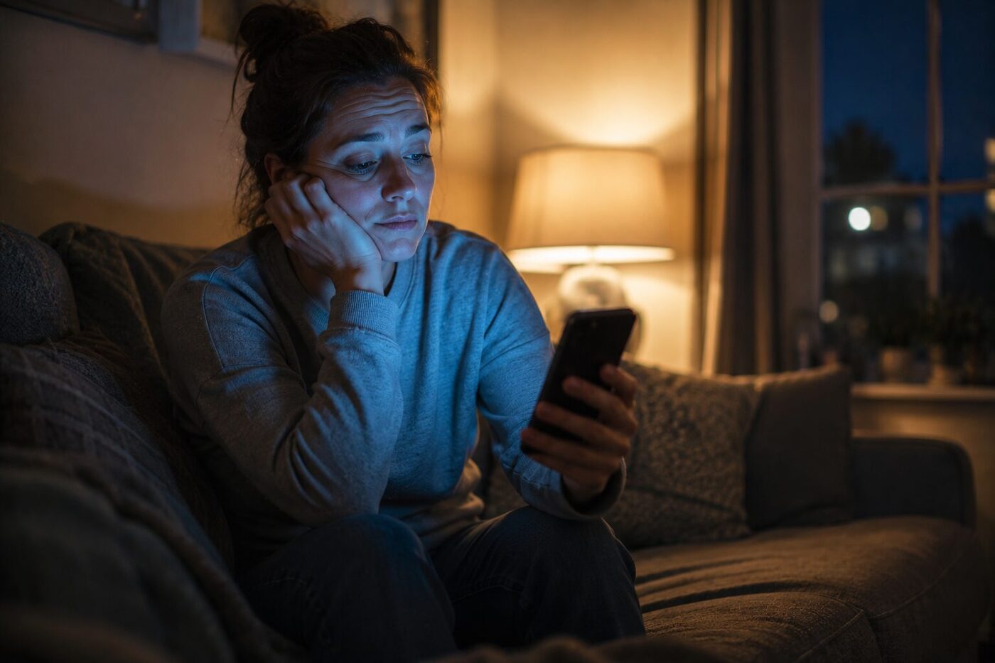 A woman on her sofa in the evening waiting impatiently for a page to load on her phone