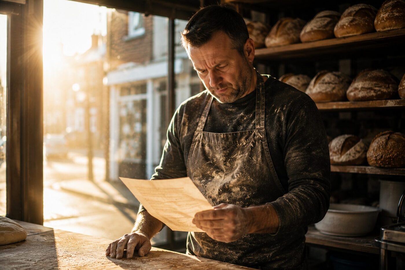 A bakery owner reading paperwork behind his counter in early morning sunlight