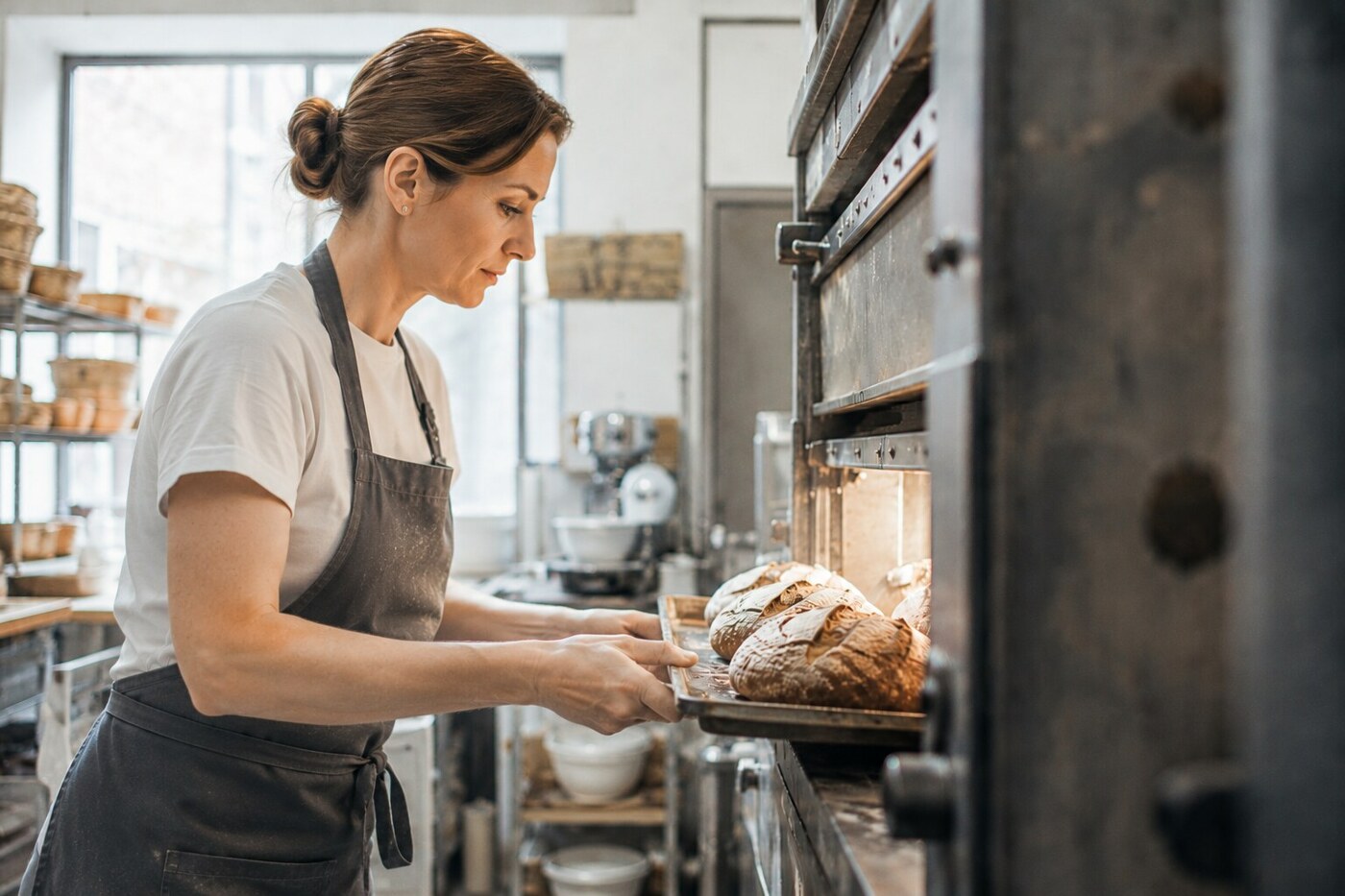 A baker sliding a tray of sourdough loaves into a bakery oven