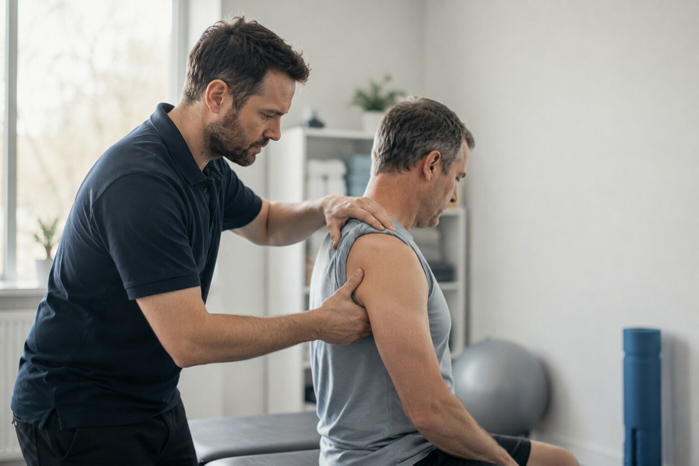 A physiotherapist treating a patient's shoulder in a clinic