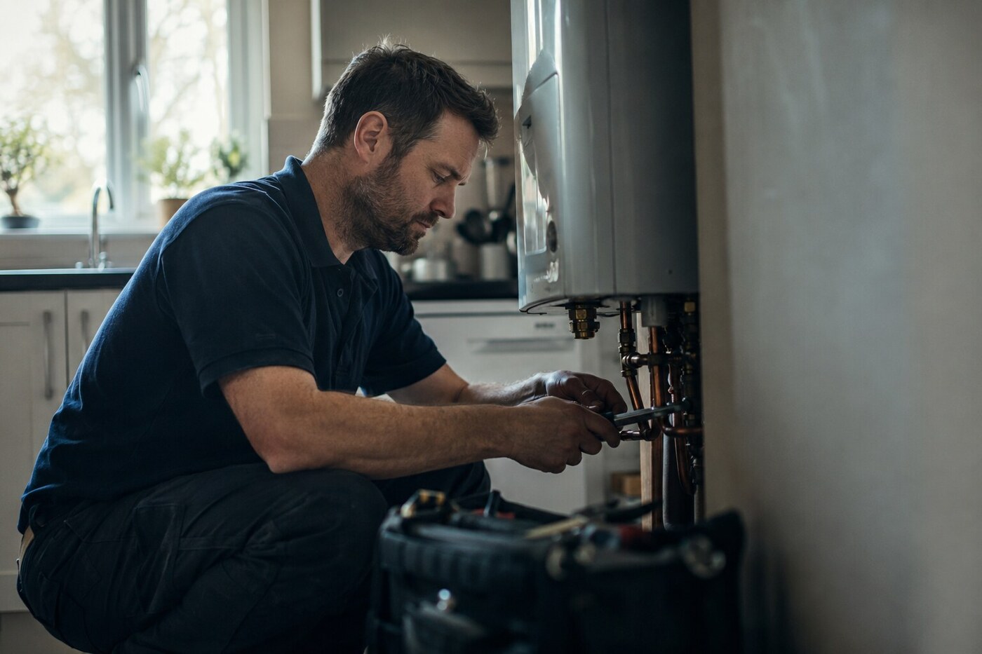 A plumber fitting copper pipework beside a kitchen boiler