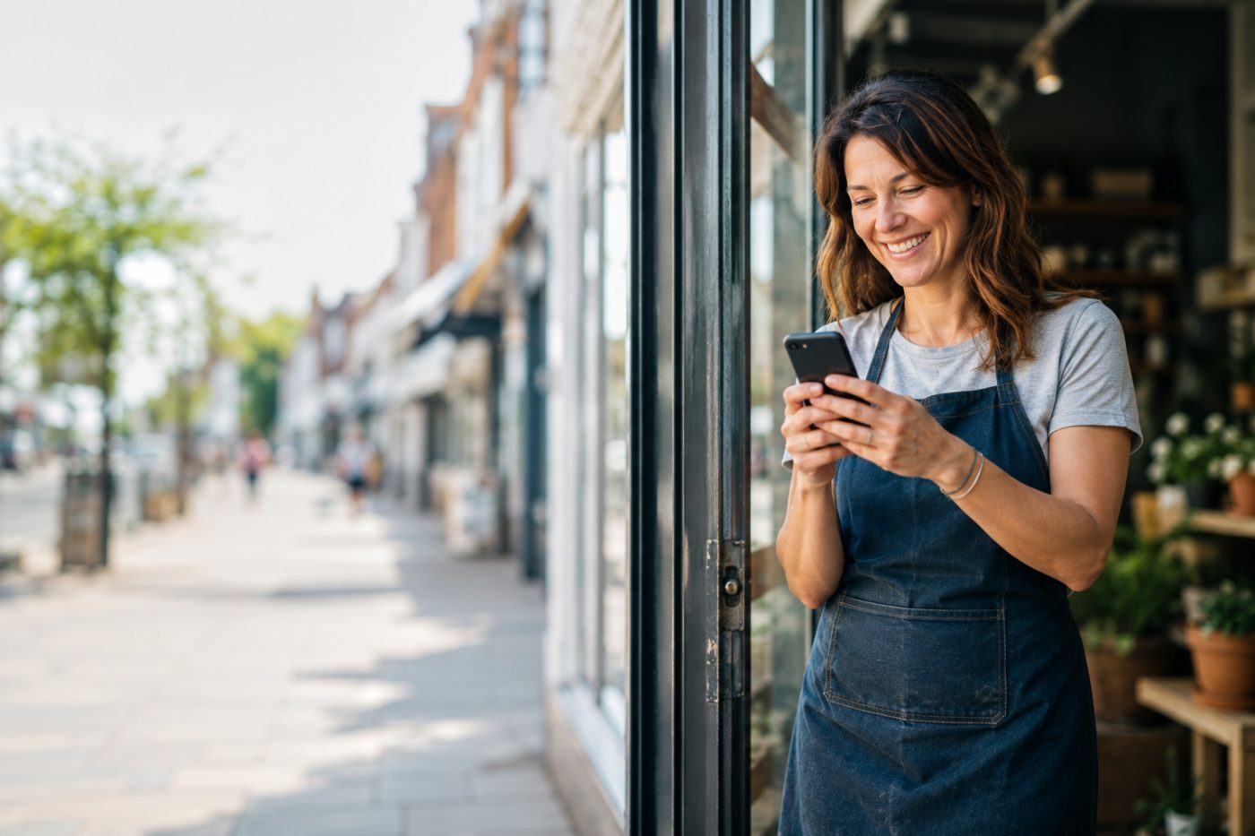 A local shop owner smiling at a new customer enquiry on their phone